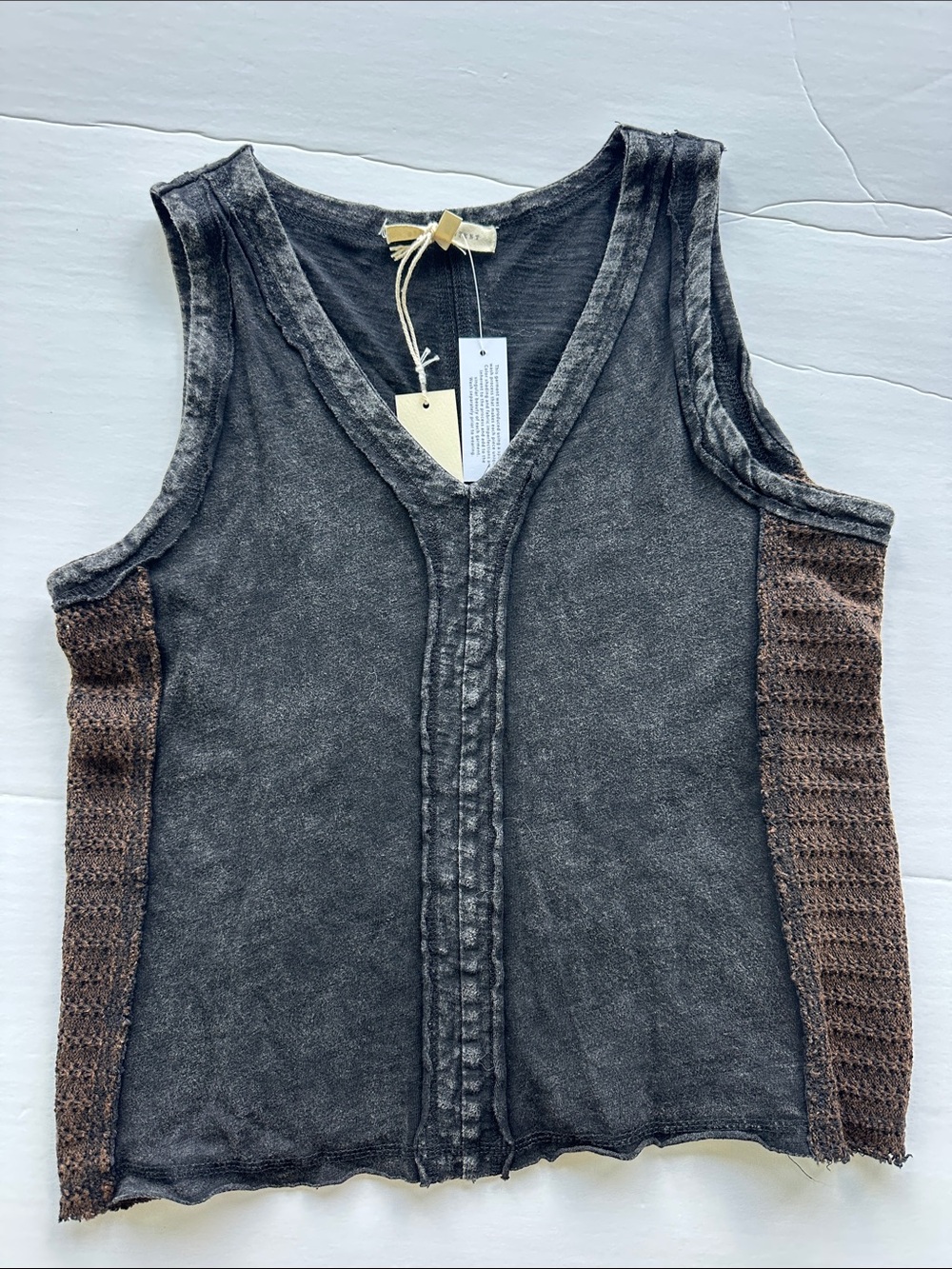 Women’s Washed Black & Brown Knit-Panel Tank Top Gilded Intent S